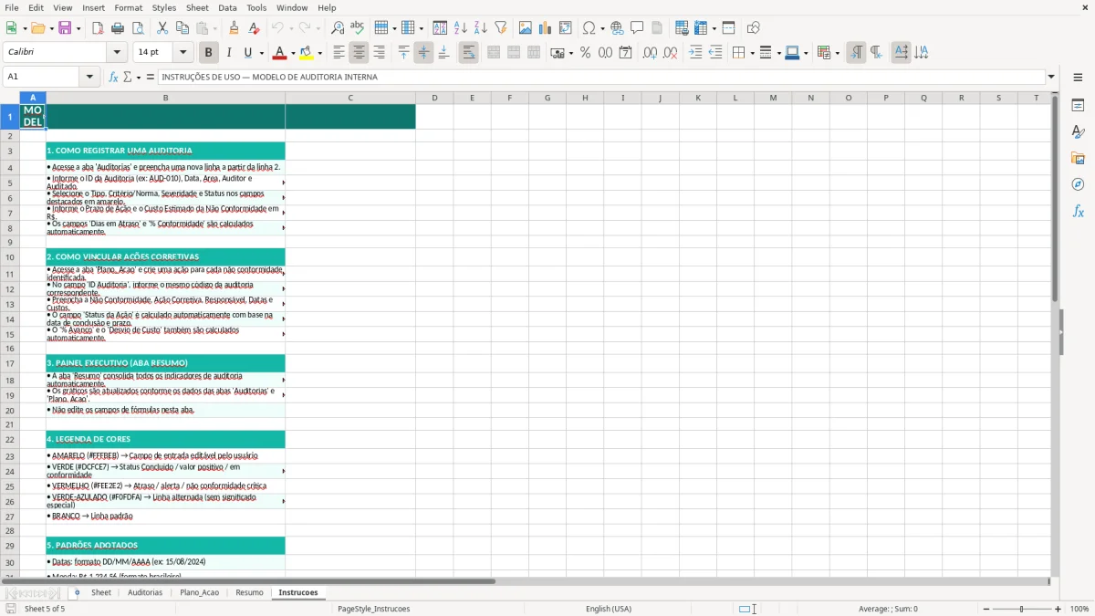 Captura de tela 5: Aba Instrucoes - Planilha Excel modelo de auditoria interna excel