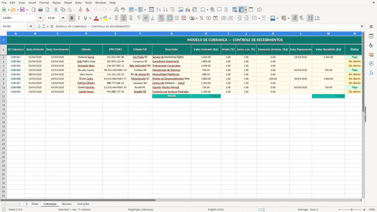 Captura de tela 2: Aba Cobranças - Planilha Excel modelo de cobrança excel