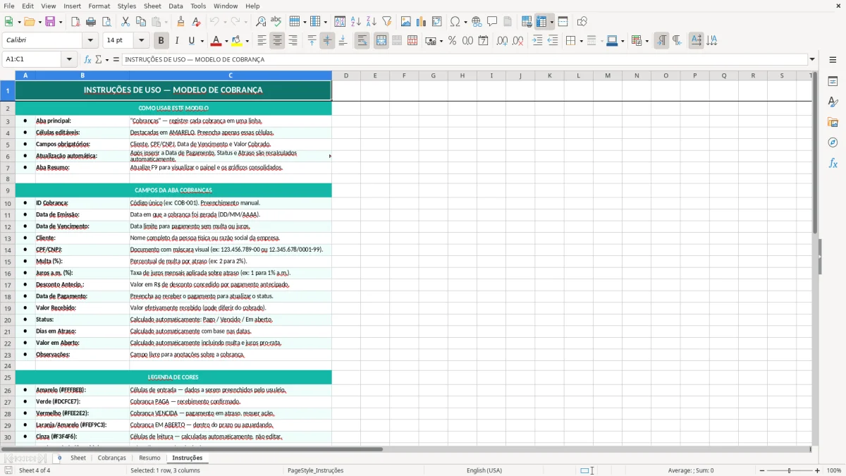 Captura de tela 4: Aba Instruções - Planilha Excel modelo de cobrança excel