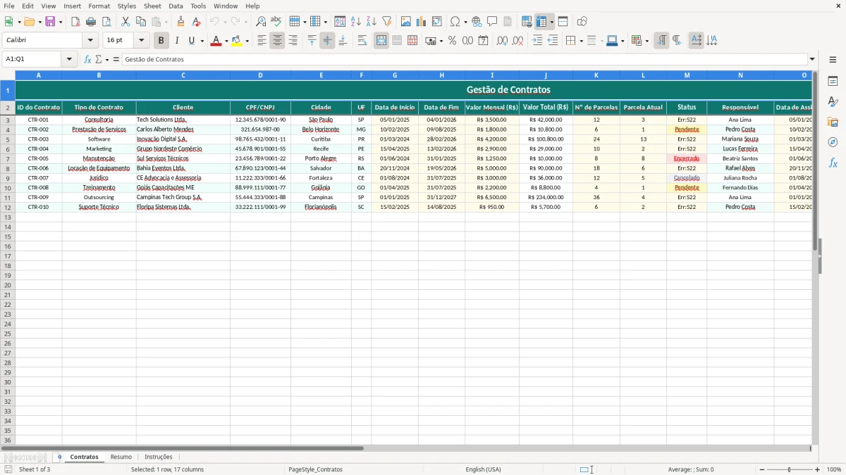 Captura de tela 1: Aba Contratos - Planilha Excel modelo de contrato excel