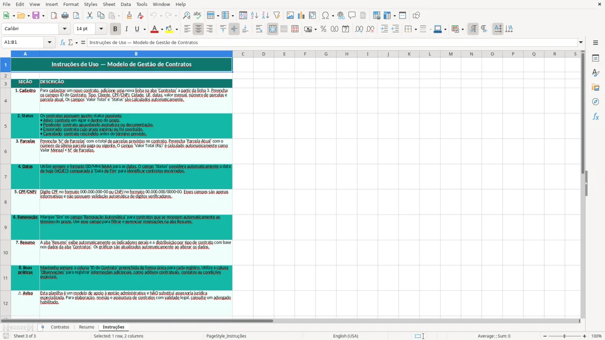 Captura de tela 3: Aba Instruções - Planilha Excel modelo de contrato excel