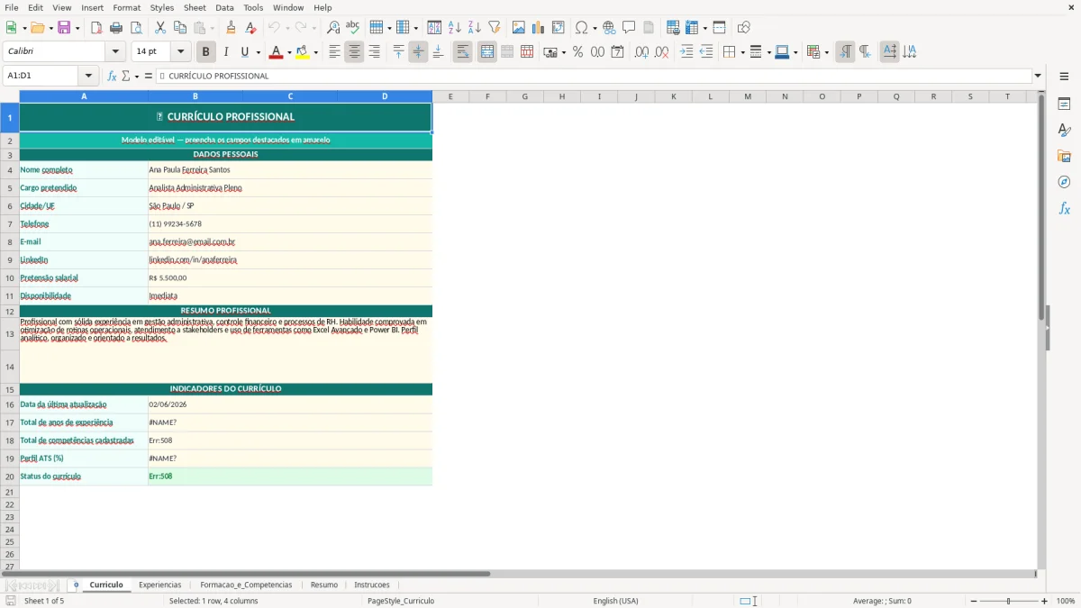 Captura de tela 1: Aba Curriculo - Planilha Excel modelo de currículo excel