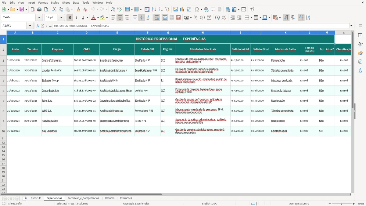 Captura de tela 2: Aba Experiencias - Planilha Excel modelo de currículo excel
