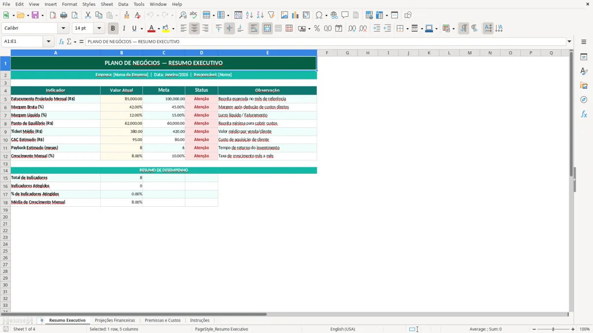 Captura de tela 1: Aba Resumo Executivo - Planilha Excel modelo de plano de negócios excel
