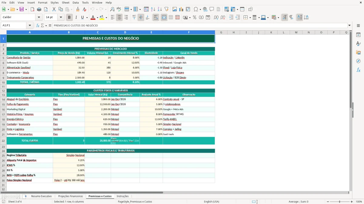 Captura de tela 3: Aba Premissas e Custos - Planilha Excel modelo de plano de negócios excel