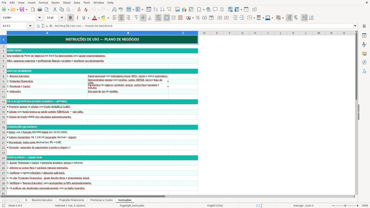 Captura de tela 4: Aba Instruções - Planilha Excel modelo de plano de negócios excel