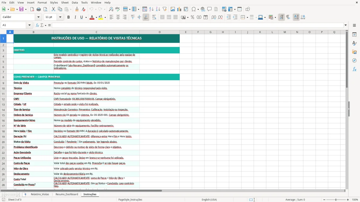 Captura de tela 3: Aba Instruções - Planilha Excel modelo de relatório de visita técnica excel