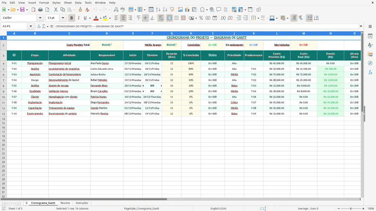 Captura de tela 1: Aba Cronograma_Gantt - Planilha Excel planilha de Gantt excel