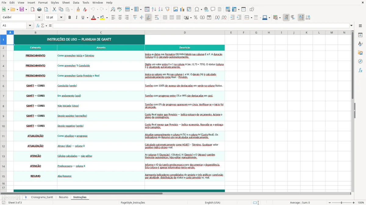 Captura de tela 3: Aba Instruções - Planilha Excel planilha de Gantt excel