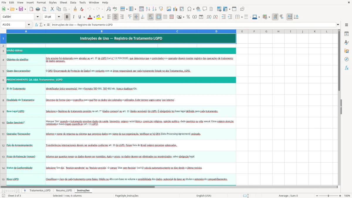 Captura de tela 3: Aba Instruções - Planilha Excel planilha de LGPD registro de tratamento excel