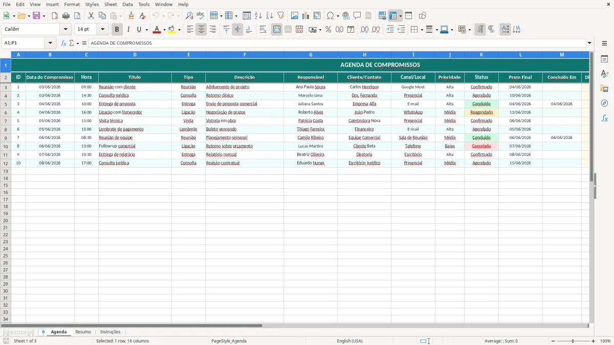 Captura de tela 1: Aba Agenda - Planilha Excel planilha de agenda de compromissos excel