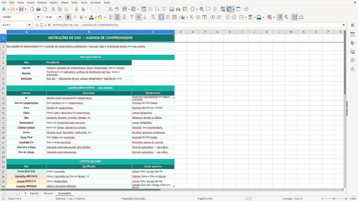 Captura de tela 3: Aba Instruções - Planilha Excel planilha de agenda de compromissos excel