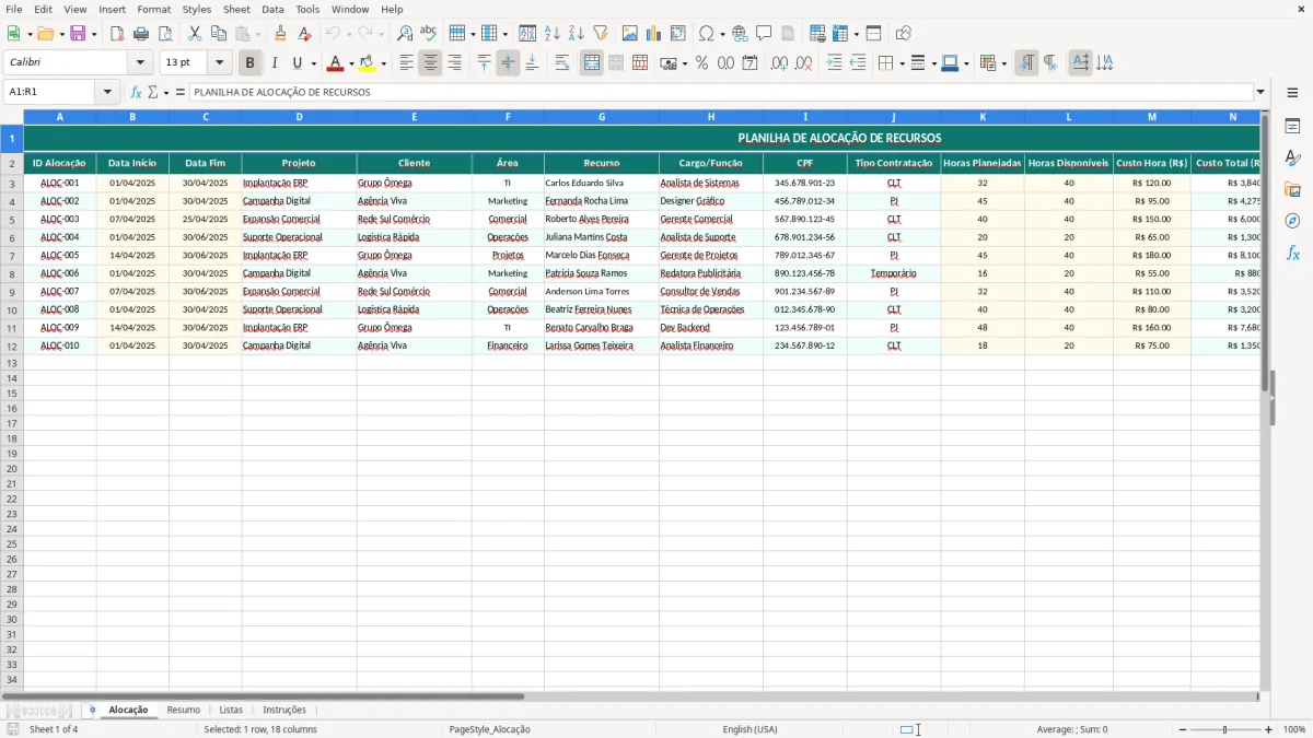 Captura de tela 1: Aba Alocação - Planilha Excel planilha de alocação de recursos excel