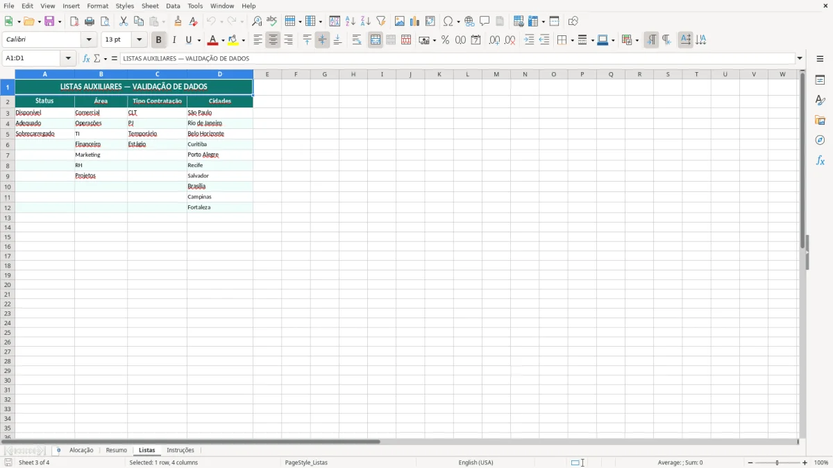 Captura de tela 3: Aba Listas - Planilha Excel planilha de alocação de recursos excel