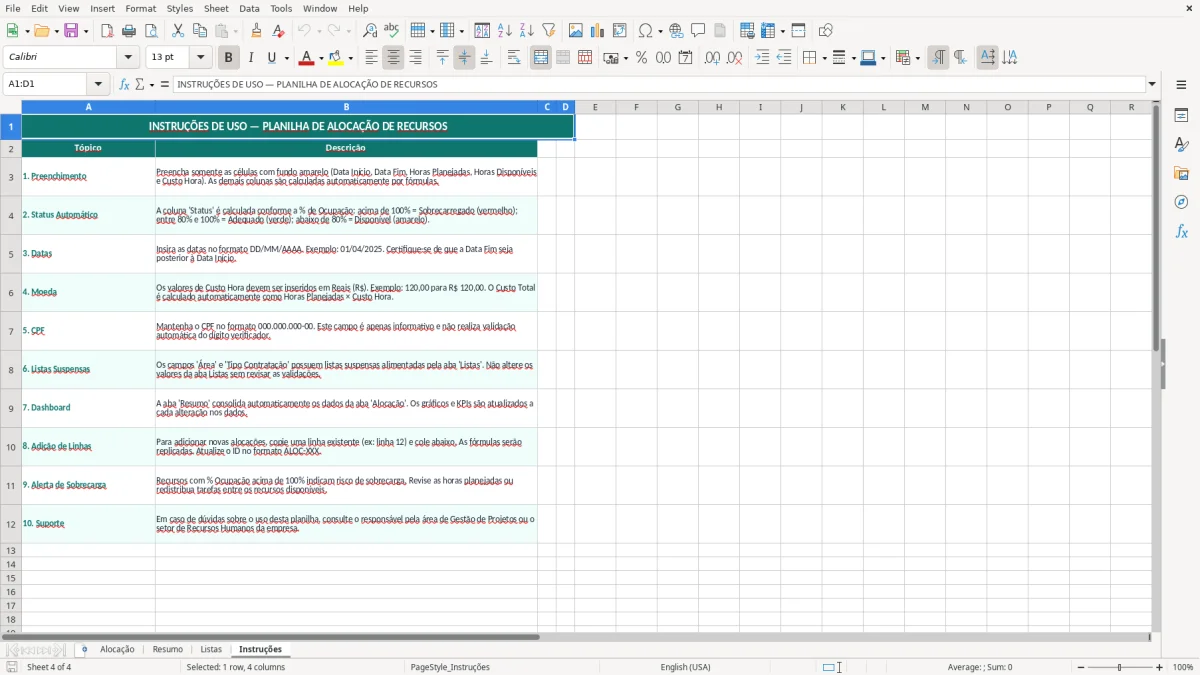 Captura de tela 4: Aba Instruções - Planilha Excel planilha de alocação de recursos excel