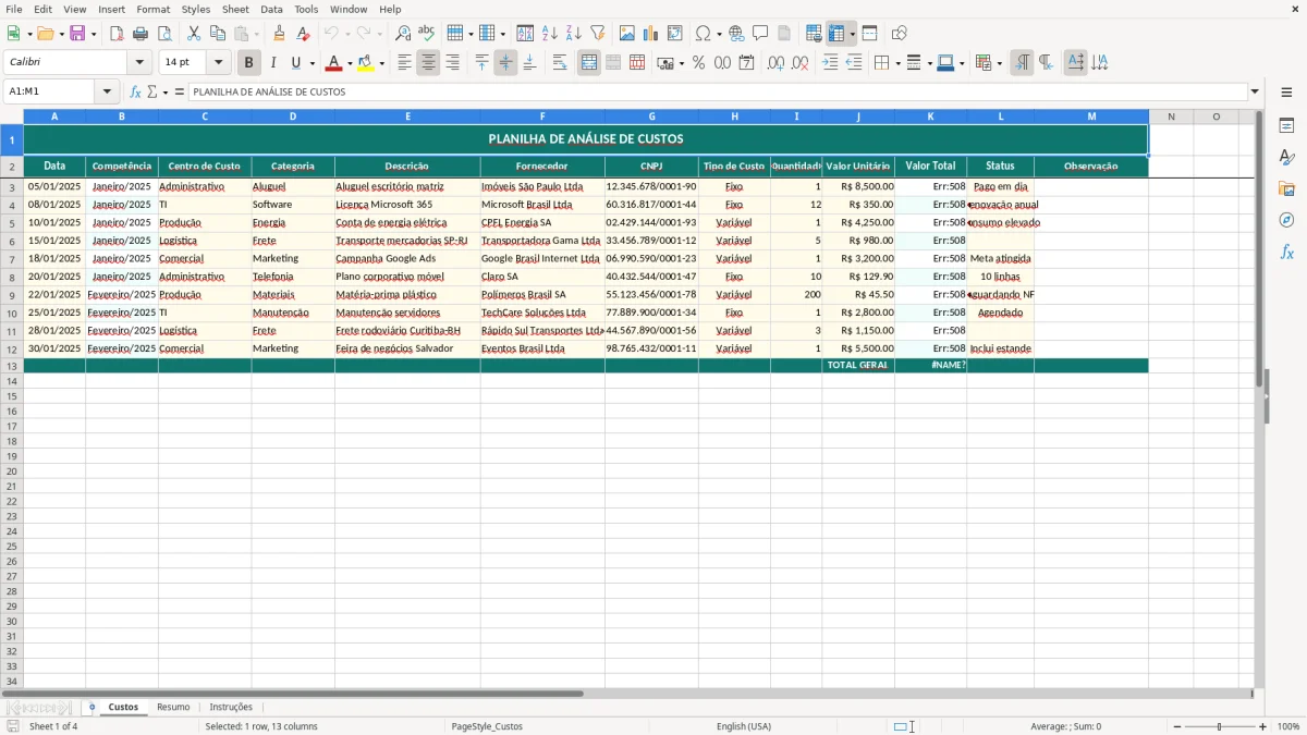 Captura de tela 1: Aba Custos - Planilha Excel planilha de análise de custos excel