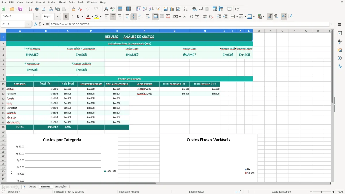 Captura de tela 2: Aba Resumo - Planilha Excel planilha de análise de custos excel