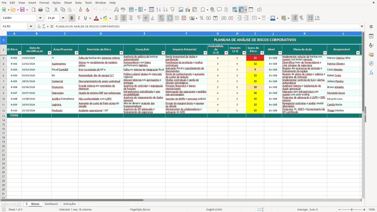 Captura de tela 1: Aba Riscos - Planilha Excel planilha de análise de riscos excel