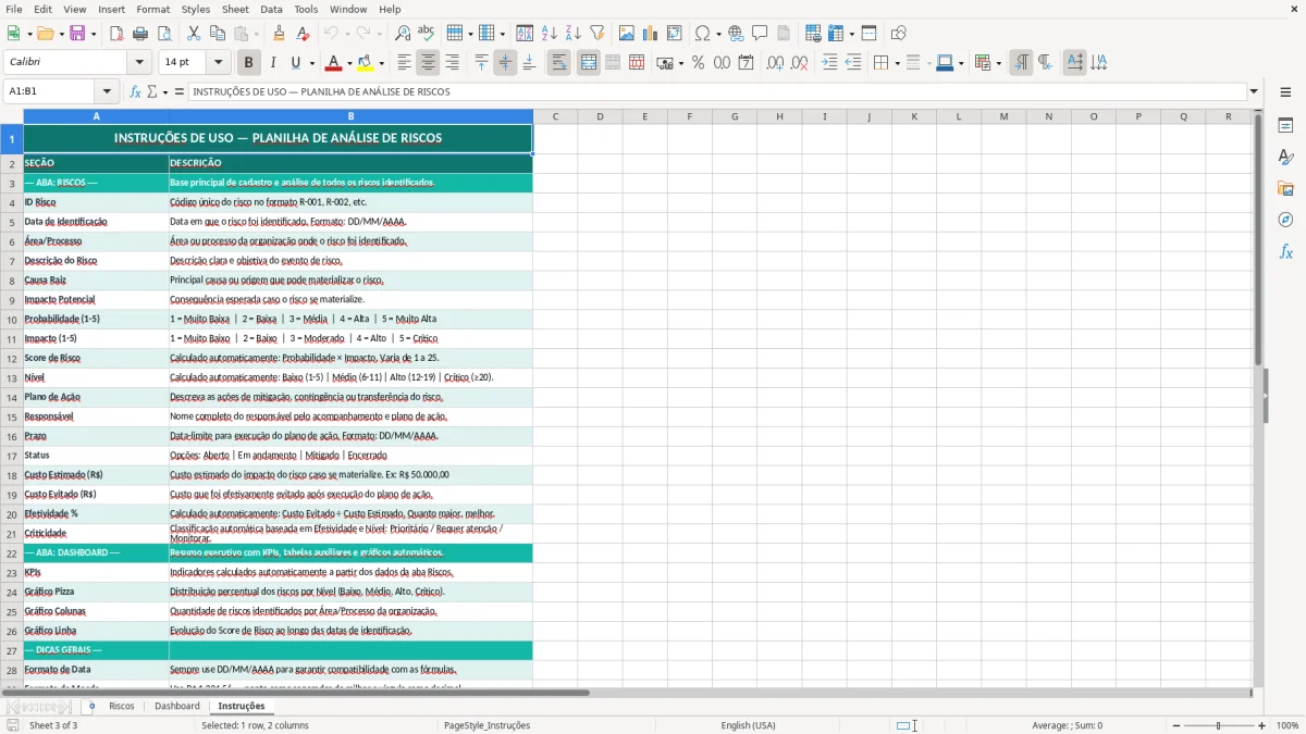 Captura de tela 3: Aba Instruções - Planilha Excel planilha de análise de riscos excel