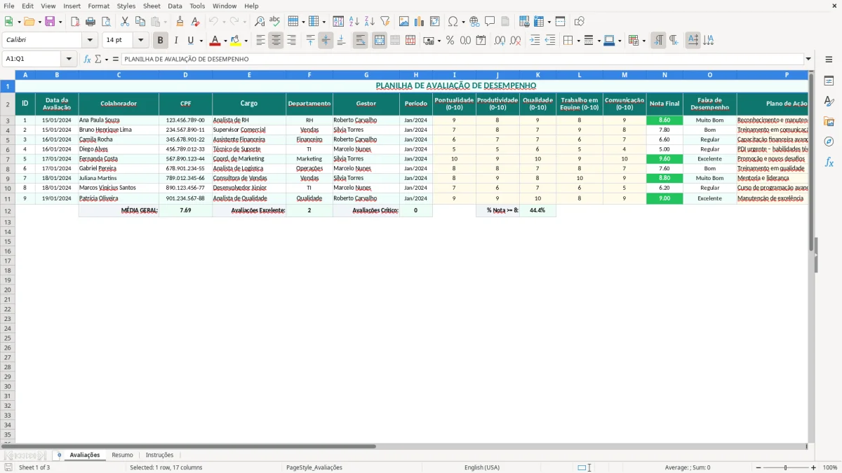 Captura de tela 1: Aba Avaliações - Planilha Excel planilha de avaliação de desempenho excel