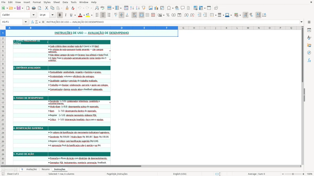 Captura de tela 3: Aba Instruções - Planilha Excel planilha de avaliação de desempenho excel