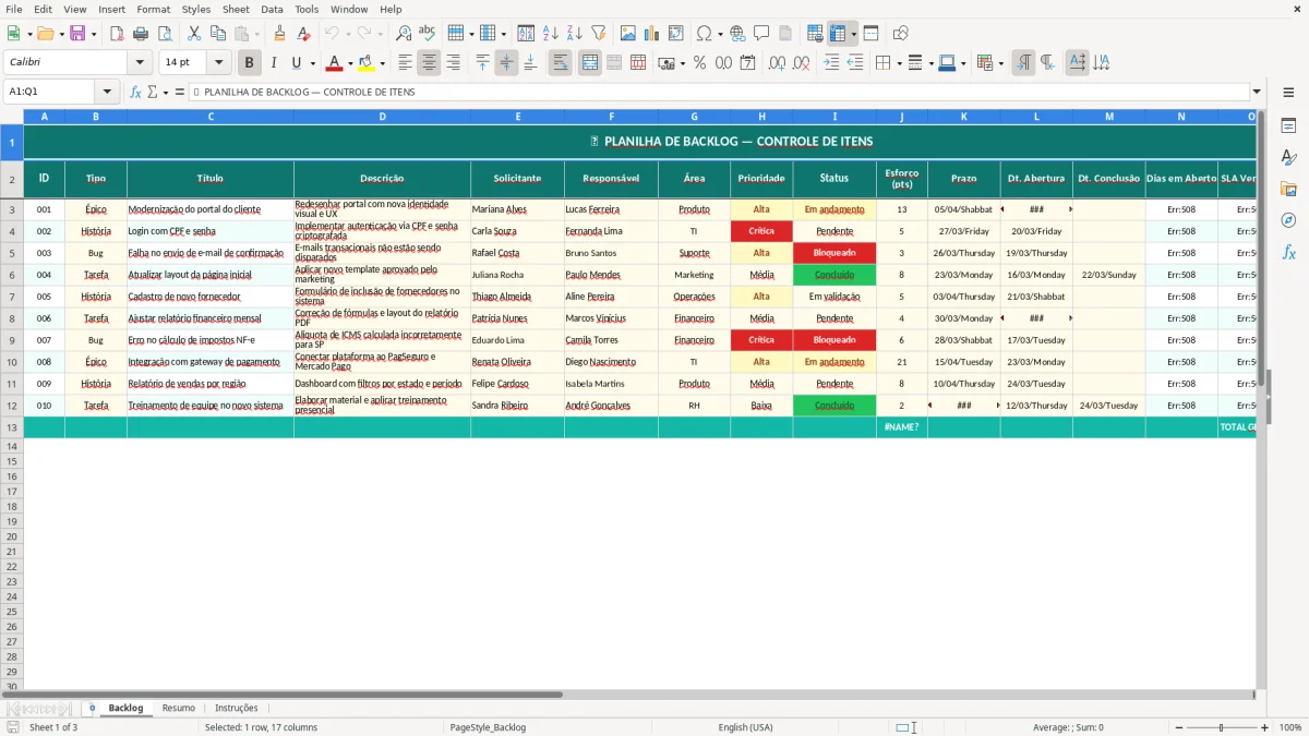 Captura de tela 1: Aba Backlog - Planilha Excel planilha de backlog excel