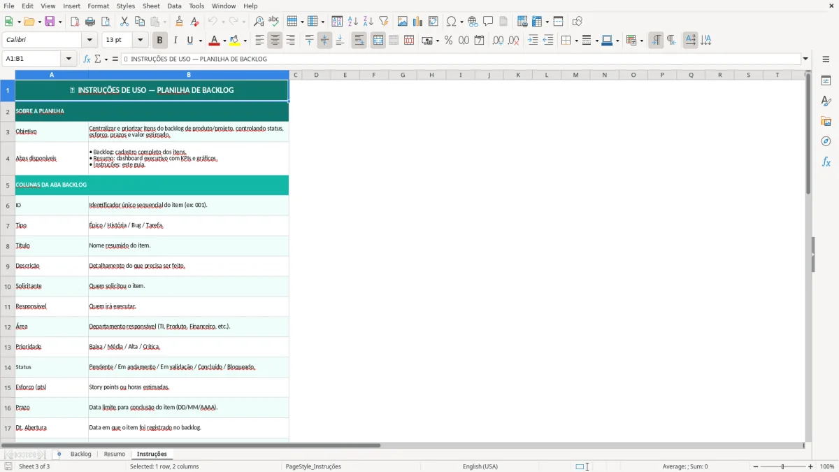Captura de tela 3: Aba Instruções - Planilha Excel planilha de backlog excel