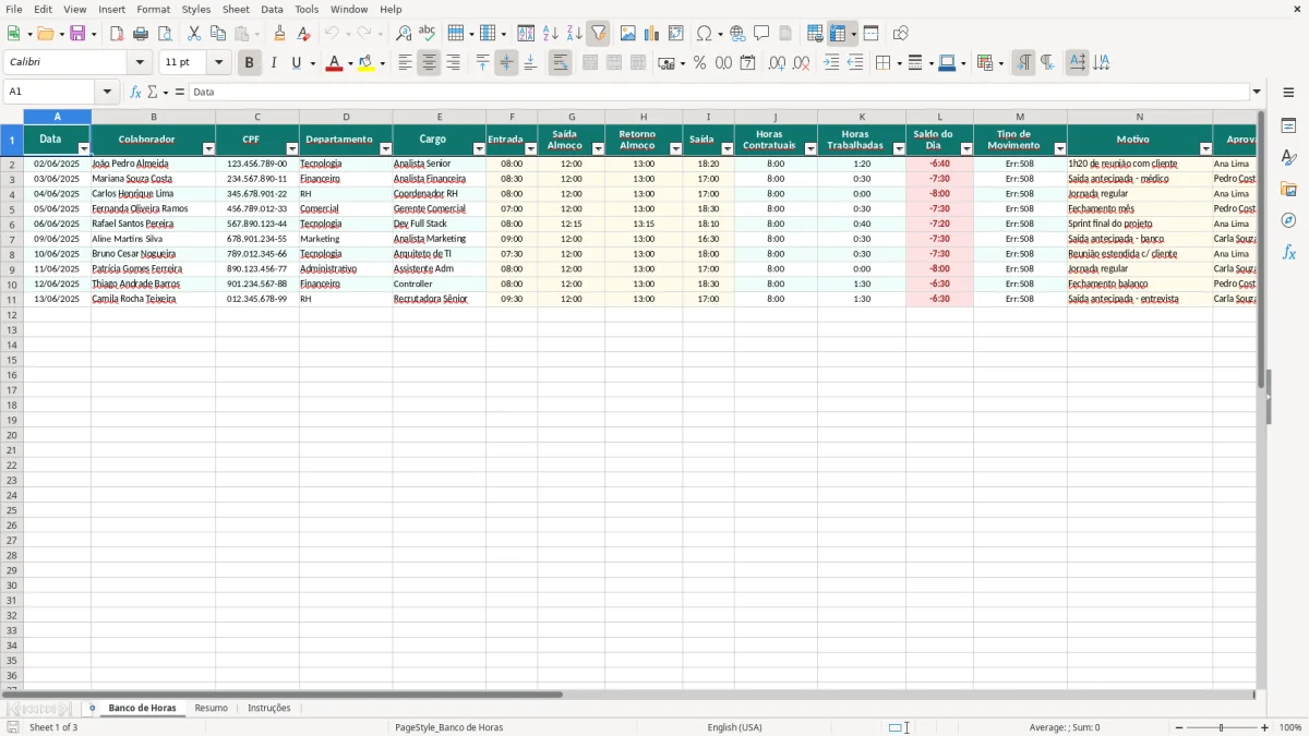 Captura de tela 1: Aba Banco de Horas - Planilha Excel planilha de banco de horas excel