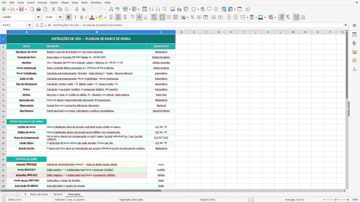 Captura de tela 3: Aba Instruções - Planilha Excel planilha de banco de horas excel