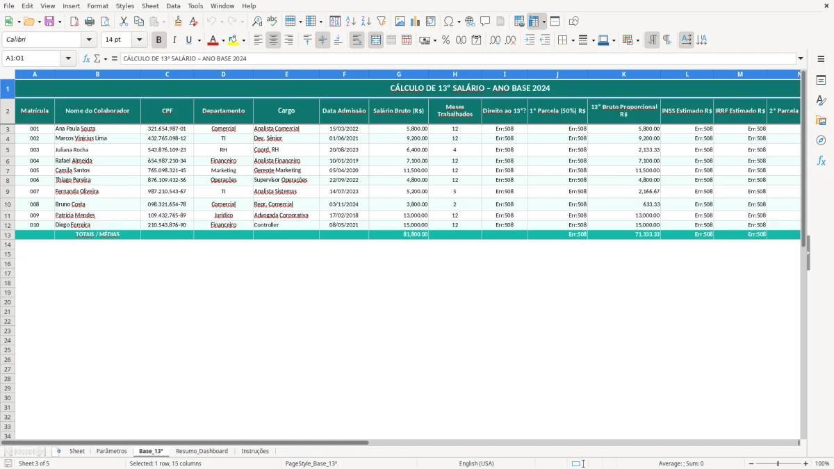 Captura de tela 1: Aba Sheet - Planilha Excel planilha de cálculo de 13º salário excel