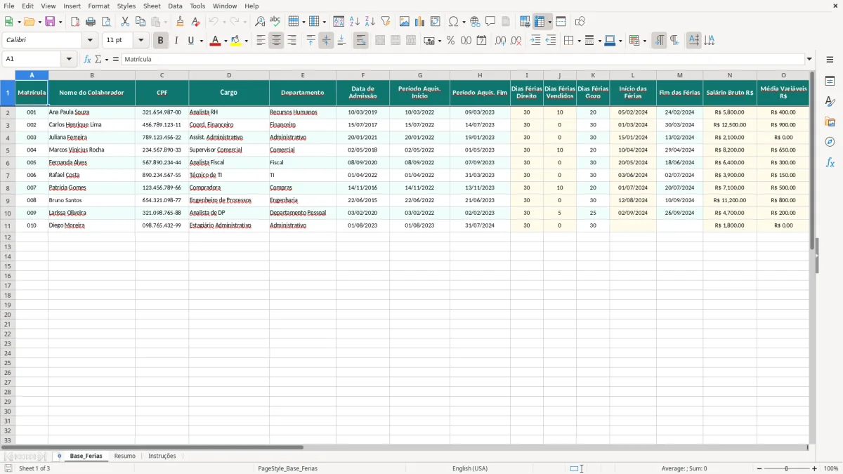 Captura de tela 1: Aba Base_Ferias - Planilha Excel planilha de cálculo de férias excel