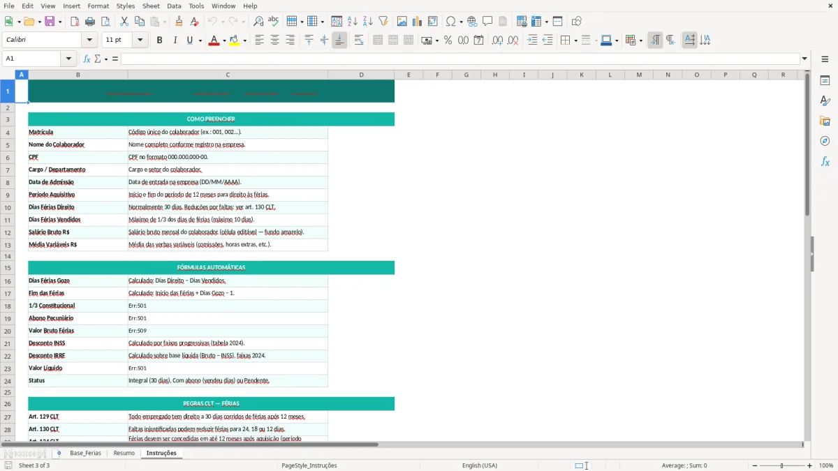 Captura de tela 3: Aba Instruções - Planilha Excel planilha de cálculo de férias excel