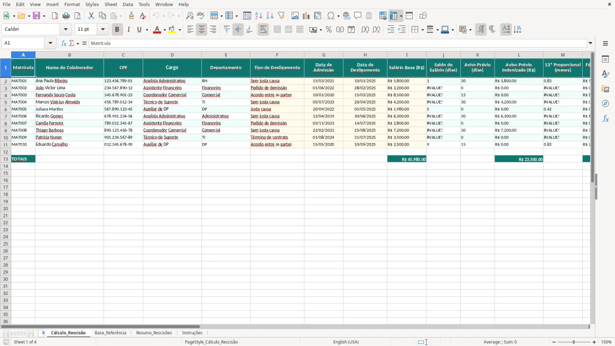 Captura de tela 1: Aba Cálculo_Rescisão - Planilha Excel planilha de cálculo de rescisão excel