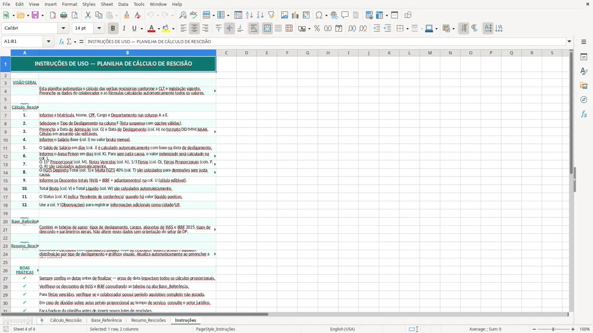 Captura de tela 4: Aba Instruções - Planilha Excel planilha de cálculo de rescisão excel