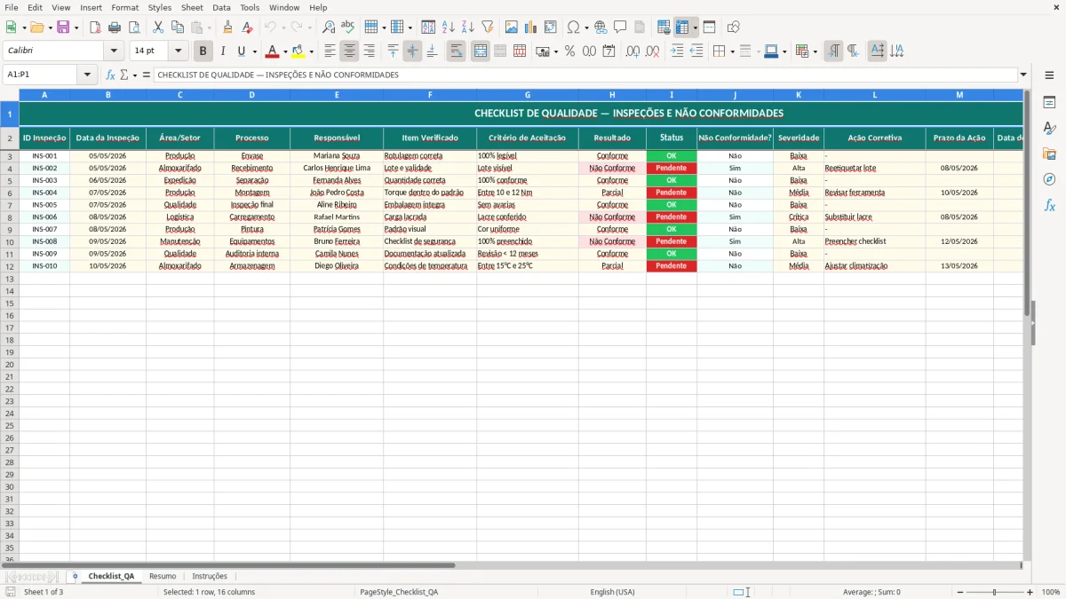 Captura de tela 1: Aba Checklist_QA - Planilha Excel planilha de checklist de qualidade excel