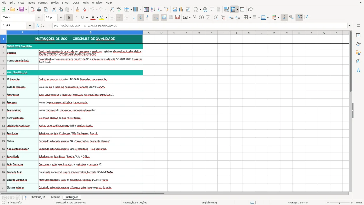 Captura de tela 3: Aba Instruções - Planilha Excel planilha de checklist de qualidade excel