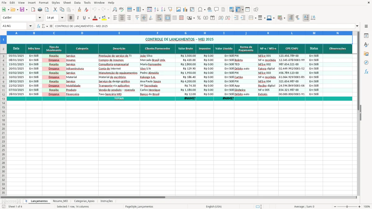 Captura de tela 1: Aba Lançamentos - Planilha Excel planilha de contabilidade para MEI excel