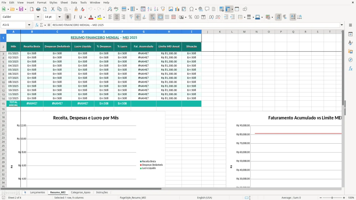 Captura de tela 2: Aba Resumo_MEI - Planilha Excel planilha de contabilidade para MEI excel