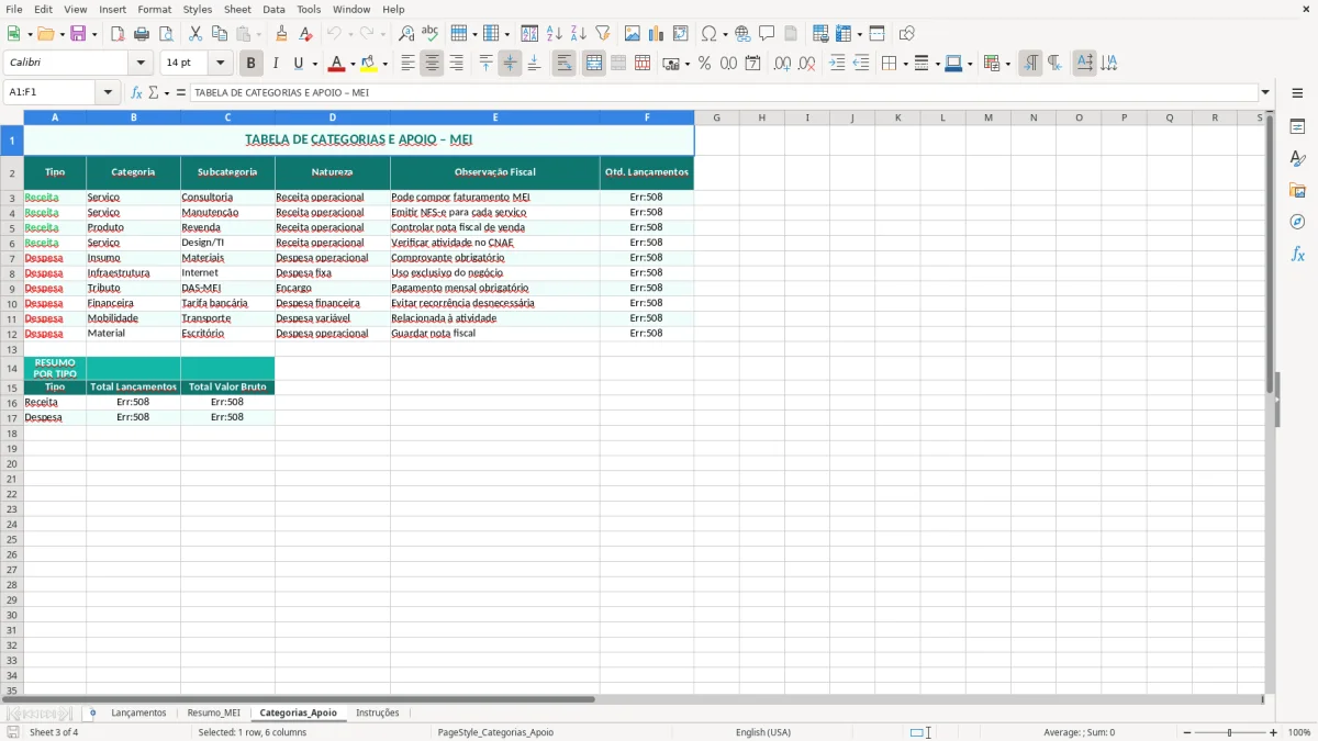 Captura de tela 3: Aba Categorias_Apoio - Planilha Excel planilha de contabilidade para MEI excel