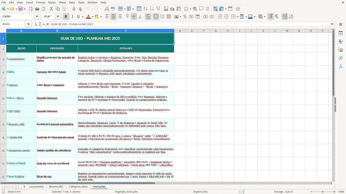 Captura de tela 4: Aba Instruções - Planilha Excel planilha de contabilidade para MEI excel
