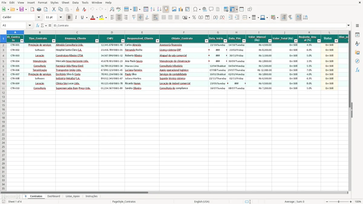 Captura de tela 1: Aba Contratos - Planilha Excel planilha de controle de contratos excel