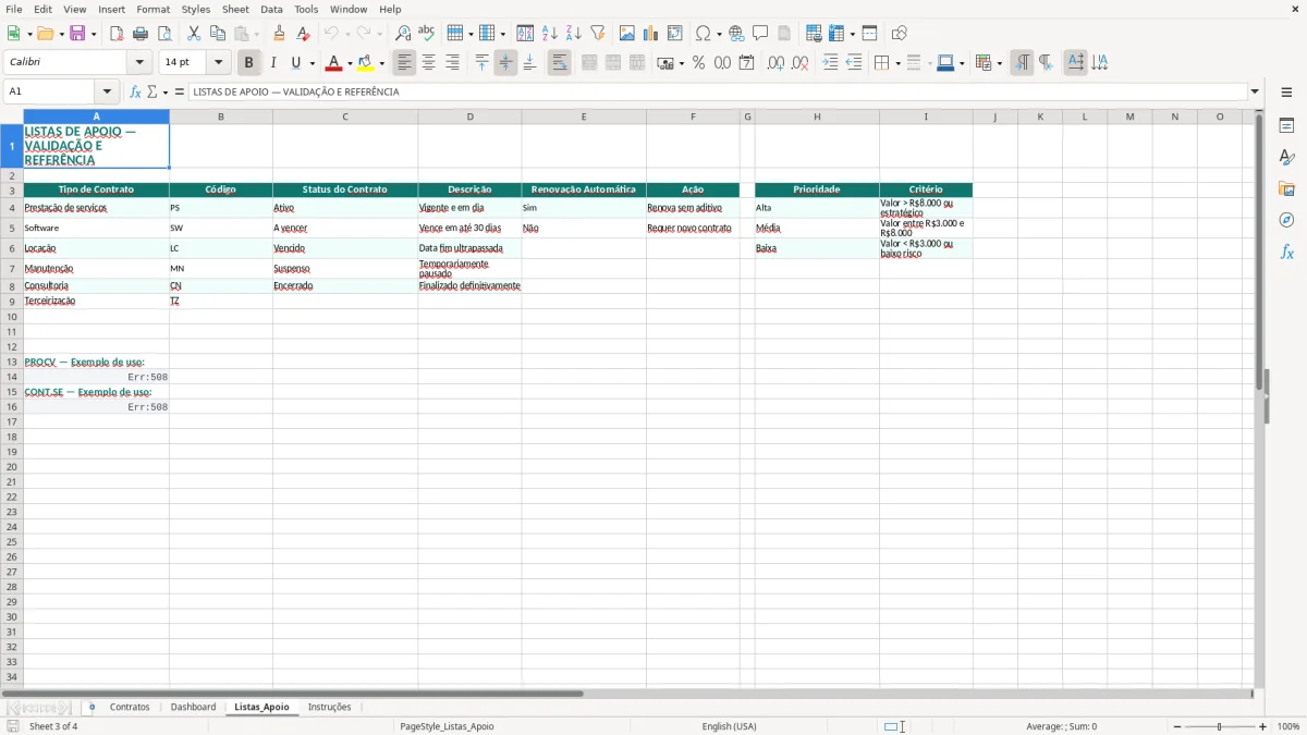Captura de tela 3: Aba Listas_Apoio - Planilha Excel planilha de controle de contratos excel