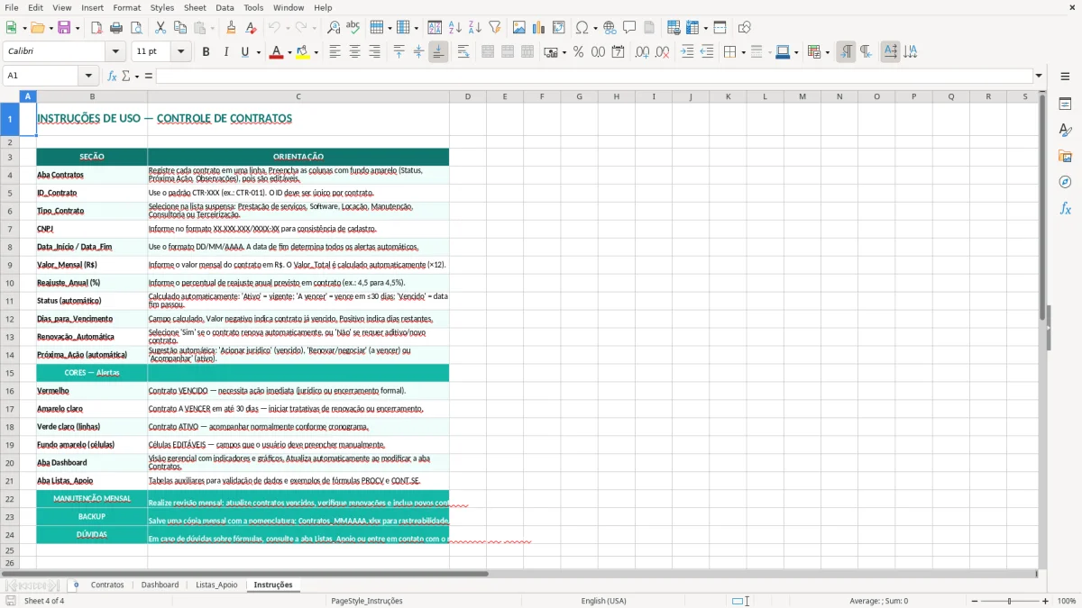 Captura de tela 4: Aba Instruções - Planilha Excel planilha de controle de contratos excel