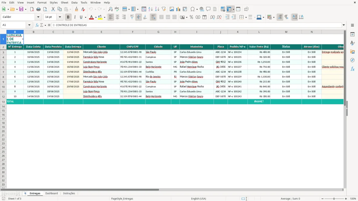 Captura de tela 1: Aba Entregas - Planilha Excel planilha de controle de entregas excel