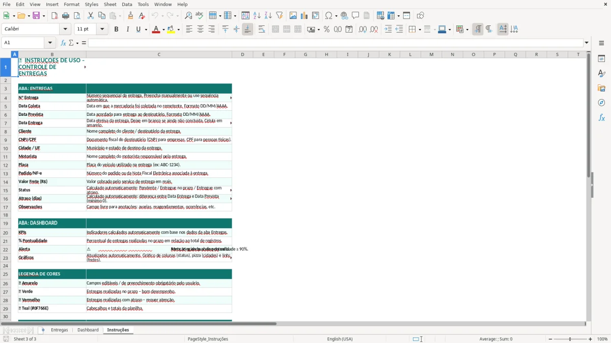 Captura de tela 3: Aba Instruções - Planilha Excel planilha de controle de entregas excel