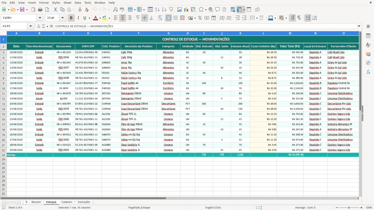 Captura de tela 2: Aba Estoque - Planilha Excel planilha de controle de estoque excel