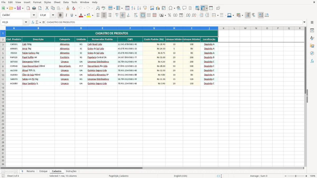 Captura de tela 3: Aba Cadastro - Planilha Excel planilha de controle de estoque excel