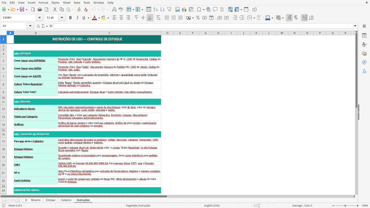 Captura de tela 4: Aba Instruções - Planilha Excel planilha de controle de estoque excel