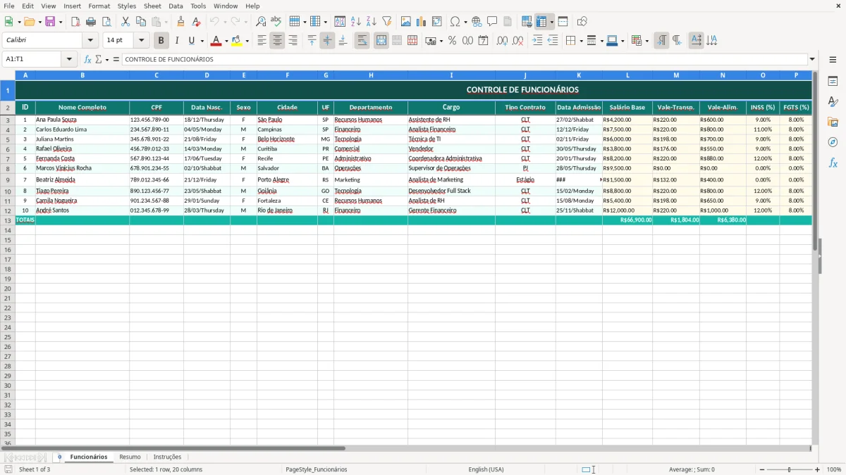Captura de tela 1: Aba Funcionários - Planilha Excel planilha de controle de funcionários excel