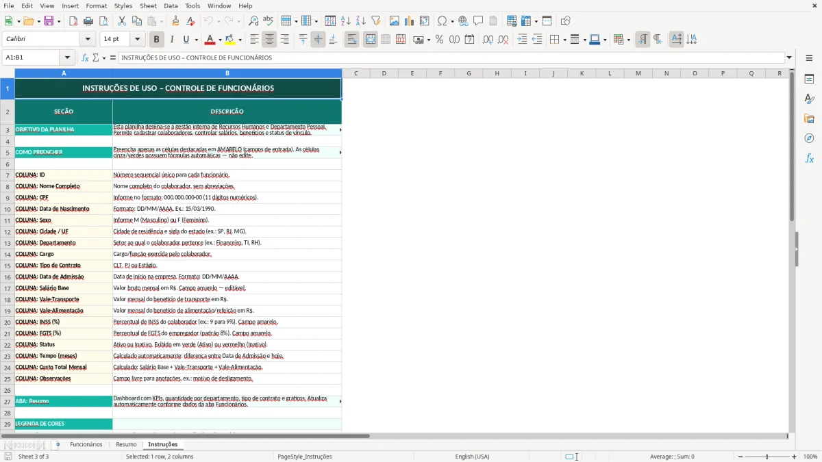 Captura de tela 3: Aba Instruções - Planilha Excel planilha de controle de funcionários excel